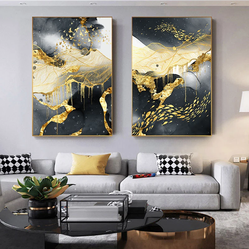 

Geometric Marble Golden Fish School Flying Bird Luxury Poster and Nordic Style Living Room Decoration Canvas Painting Wall Art