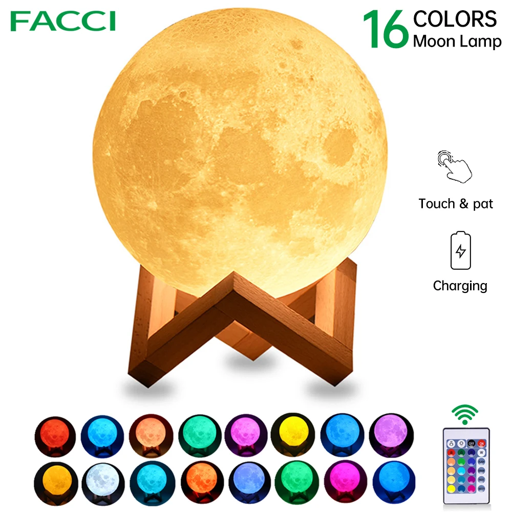 

светильник светодиоднй Ночной светильник 3D печать Луны лампа Перезаряжаемые Цвет Изменить Светодиодный светильник сенсорный Луны лампа Luz...