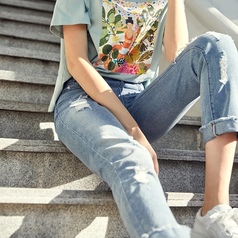 Женские рваные джинсы ARTKA синие прямые с высокой талией свободного покроя на