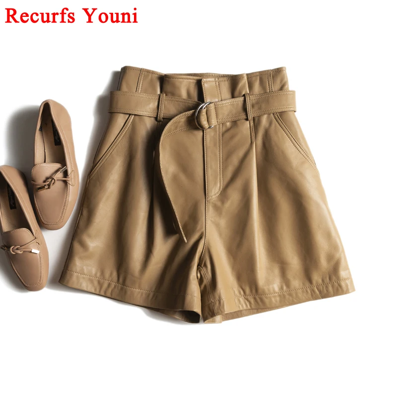 Шорты женские зимние из натуральной кожи с поясом и двойным кольцом|Женские