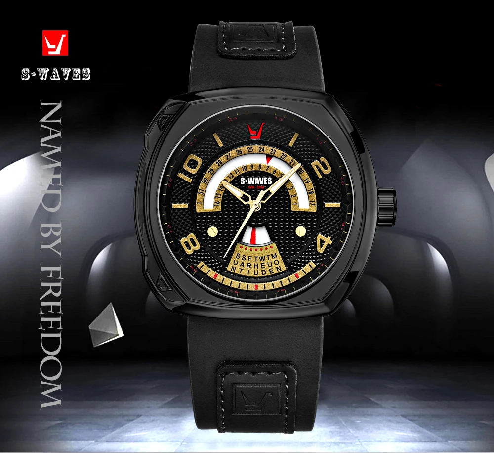 Мужские повседневные часы недели черные золотые роскошные с кожаным ремешком
