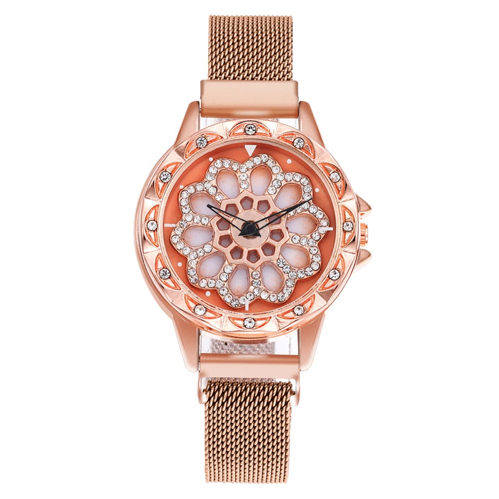 

Women Watch Mesh Magnet 360 Degree Rotating Dial Ladies Watch Luxury Fashion Diamond Quartz Watch for Women Clock Relogio Femino