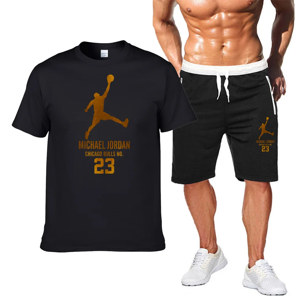 

2021 New Men's T-Shirt + Sports Shorts 2-Piece Suit Jordan-23 Summer High-Quality O-Neck T-Shirt Sports Running Suit