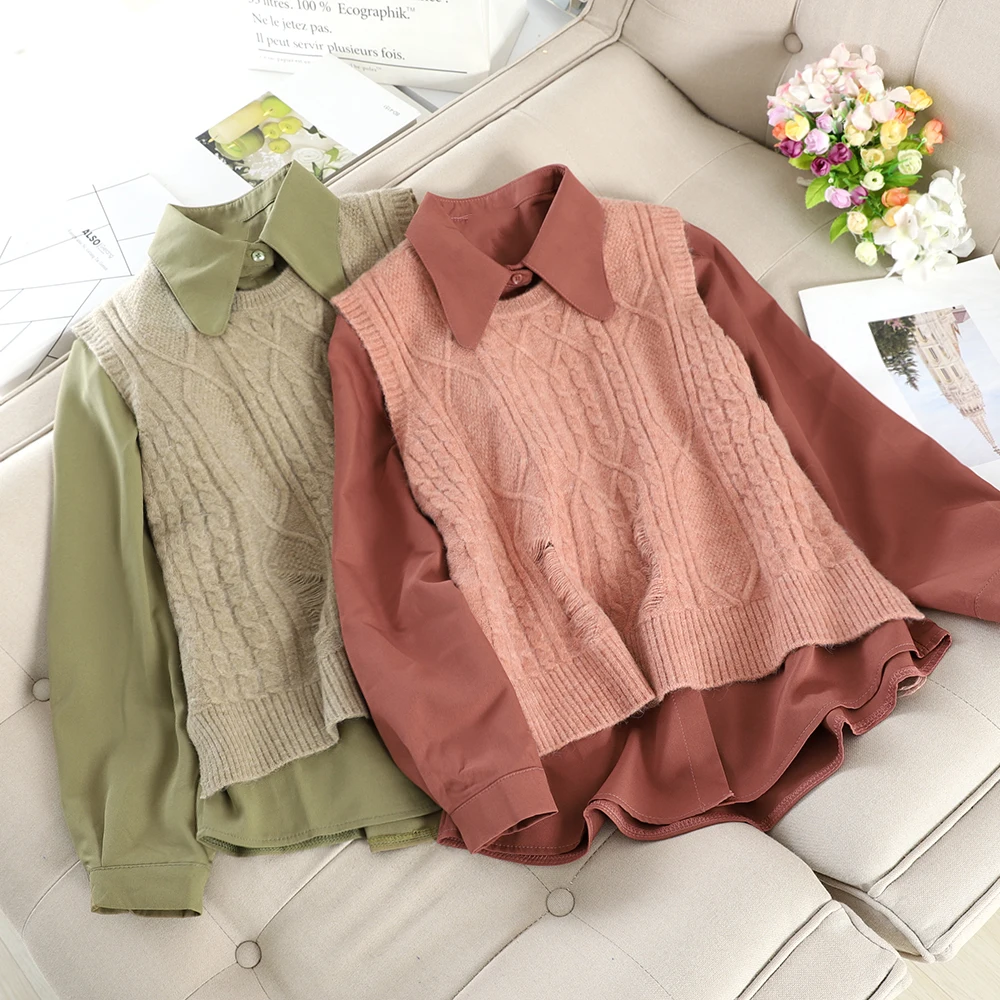 SINGRAIN зимний женский свитер жилет отложной воротник блузки наборы корейский