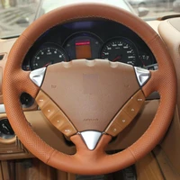 orange genuine leather hand stitched car steering wheel cover for porsche cayenne 2007 2010