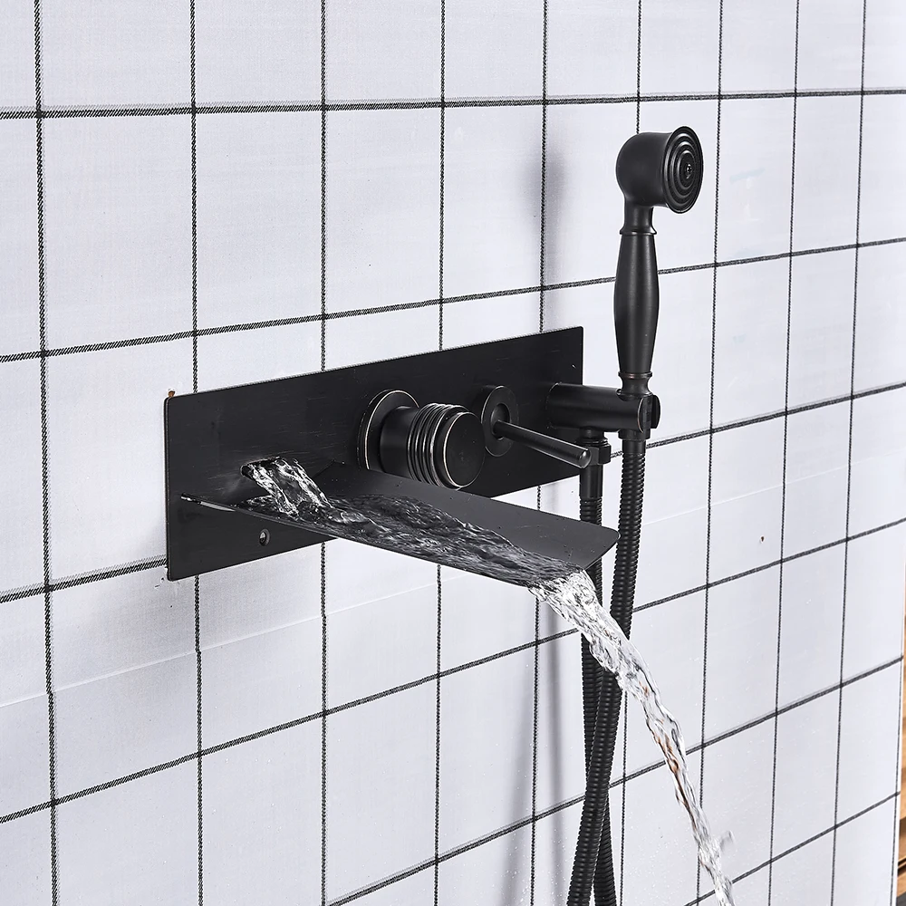Фото Fashion Style Black Bronze Bathtub Faucet Mixer Tap With Hand Shower Sprayer Watelfall Spout Hot and Cold Water Обустройство дома Fashion Style Black Bronze Bathtub Faucet Mixer Tap With Hand Shower Sprayer Watelfall Spout Hot and Cold Water Обустройство дома
