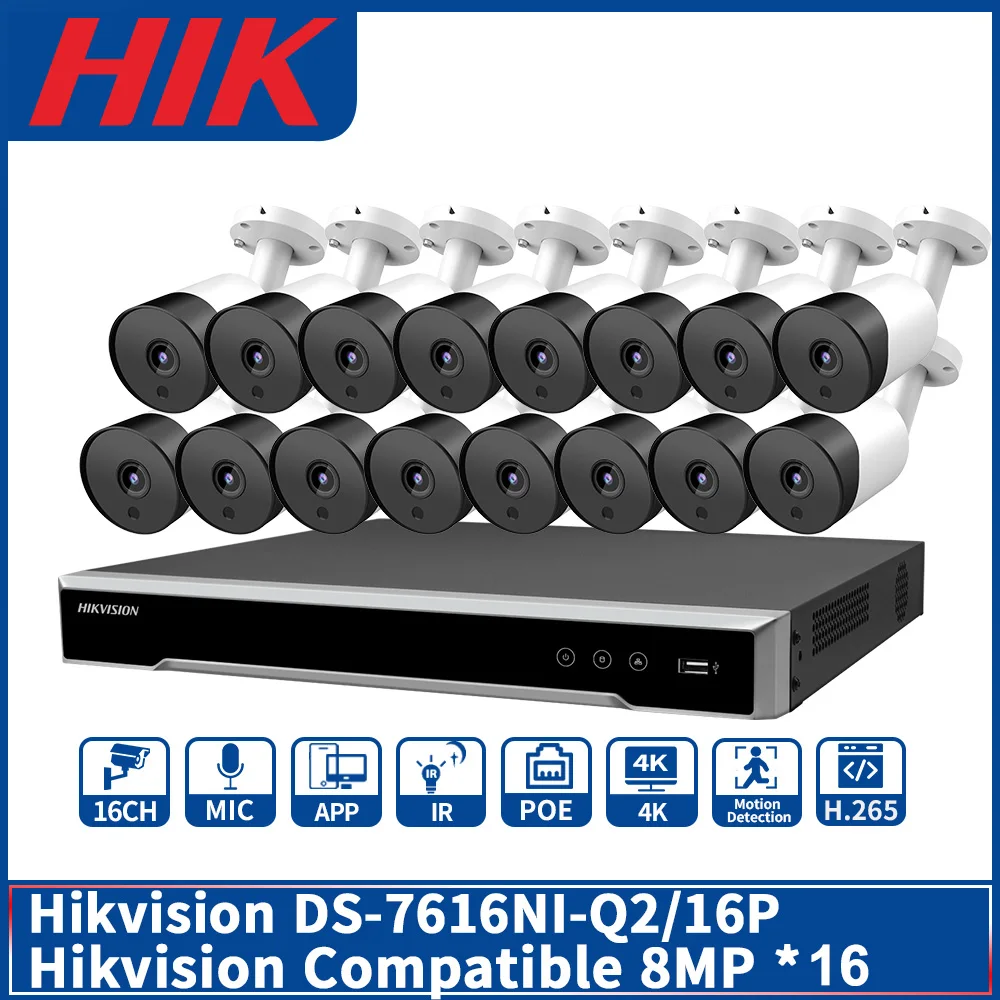 

Совместимые с Hikvision комплекты фотовспышки/16P 16POE NVR 8 Мп IR30M IP-камера Bullet POE Встроенный микрофон 16 шт. Plug play система видеонаблюдения