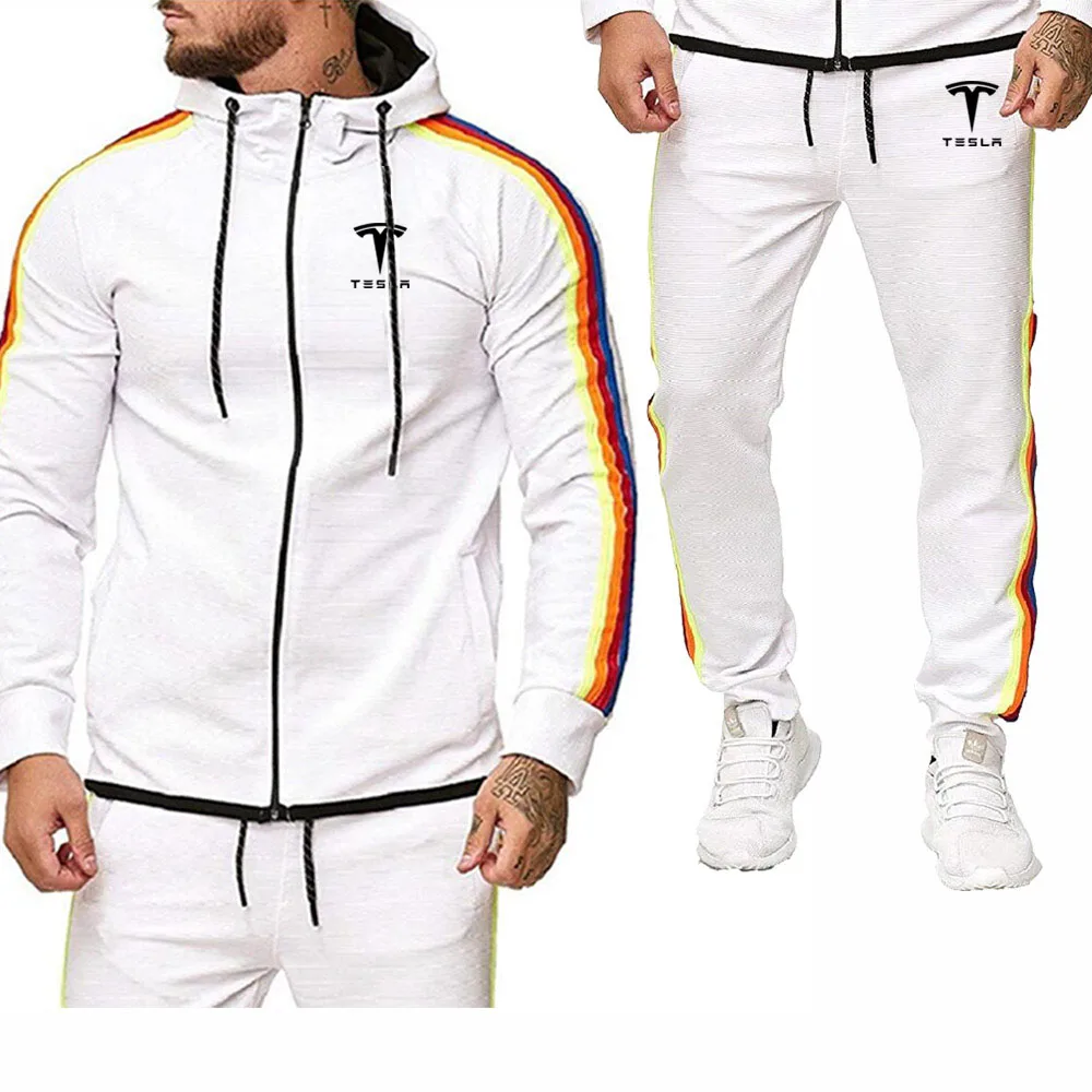 

Unisex Mens Hoodies sweatshirt Tesla Car Logo Printed Spring Autumn Hoodies+Pants 2Pcs Sporting suit Fleece Warm Thick sportwear