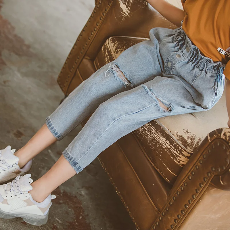 Джинсы с завышенной талией для девочек облегающие рваные брюки повседневные
