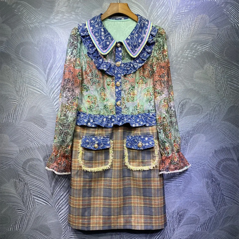 

Runways 2021 весеннее кружевное лоскутное платье с длинными рукавами высококачественное женское милое платье C687