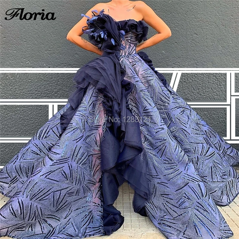 

Feathers Strapless Luxury Evening Dresses For Arabic Dubai 2020 Custom Made Prom Dress Sequins Aibye Long Celebrity Party Gowns