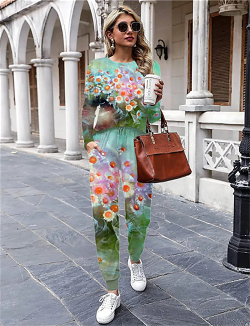 

Women Basic Streetwear Floral Casual Vacation Two Piece Set Tracksuit Pant Drawstring Print Tops