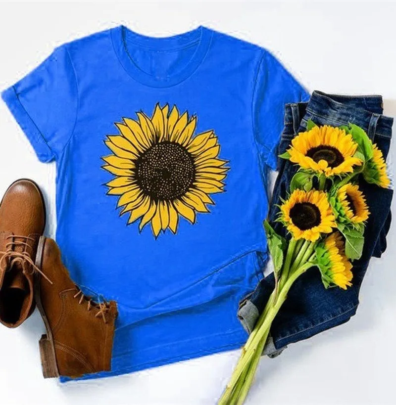 

Golden Sunflower Print Women T Shirt Short Sleeve O Neck Loose Women Tshirt Ladies Fashion Tee Shirt Tops Clothes Mujer