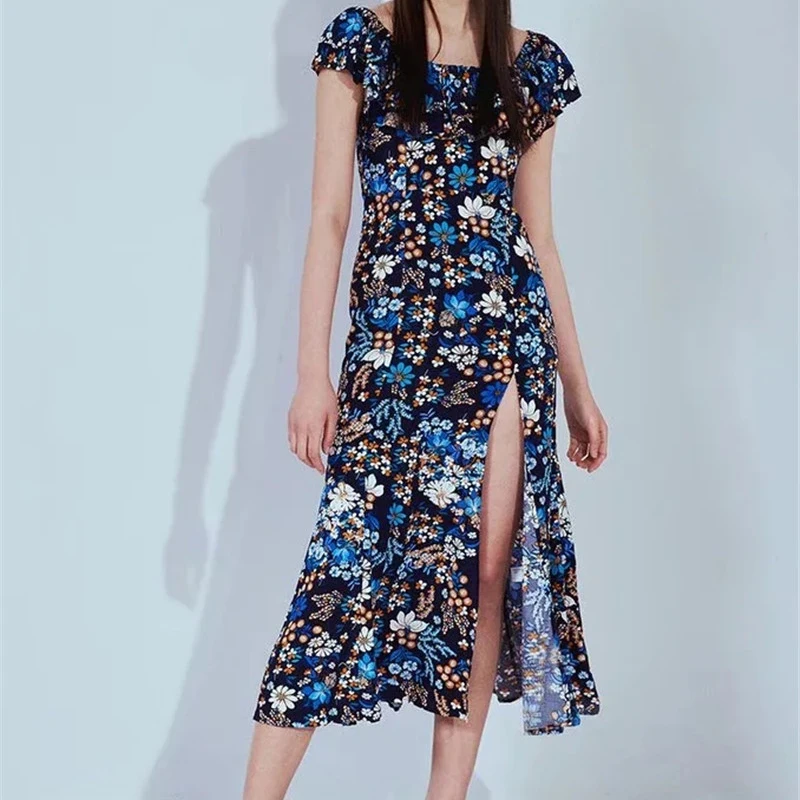 Женское платье с длинным разрезом синее ТРАПЕЦИЕВИДНОЕ ПЛАТЬЕ С Цветочным