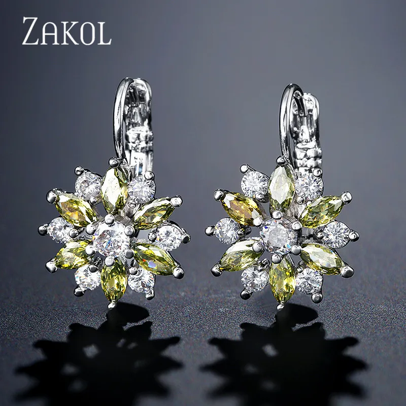 Olive green ZAKOL Мода розовое золото Цвет цветок обруч серьги кластера прозрачного хрусталя циркония серьги для Для женщин ювелирные Brincos FSEP609 - Окраска металла: Olive green