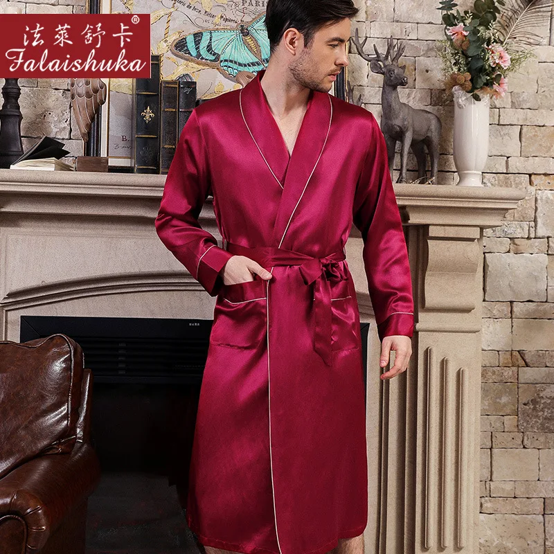 Халаты мужские из натурального шелка однотонная одежда для сна с длинным рукавом