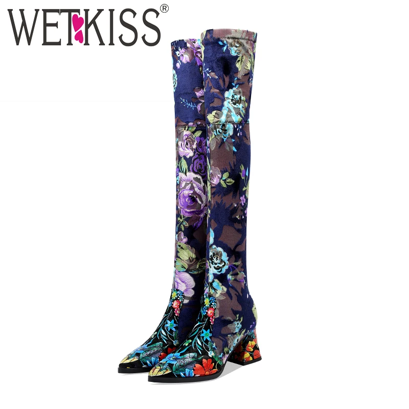 WETKISS/Сапоги выше колена; женские эластичные сапоги в стиле ретро с принтом; обувь на высоком толстом каблуке; женская обувь с острым носком; женская зимняя обувь;