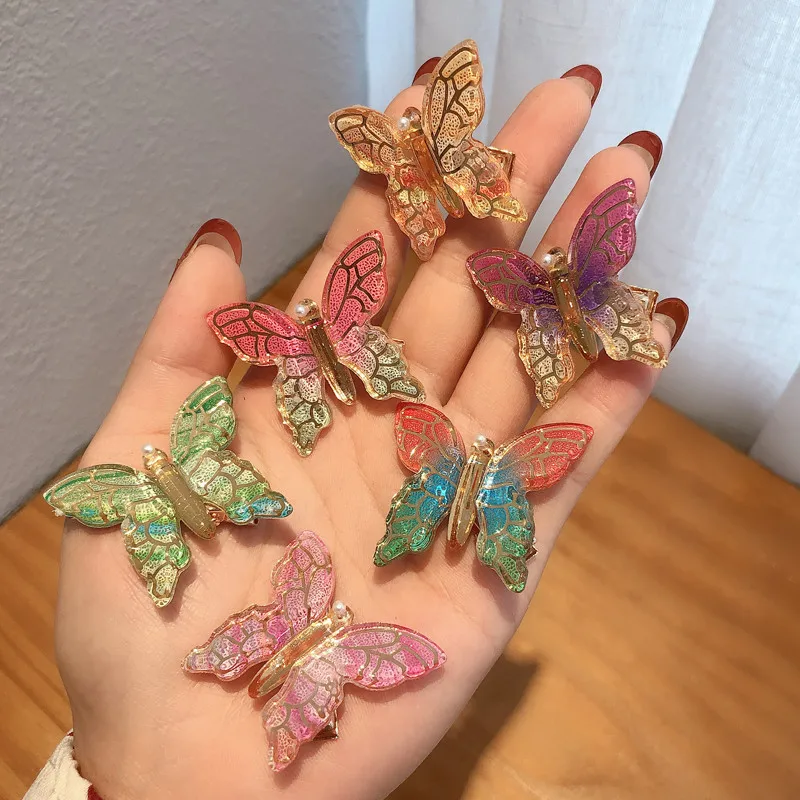 Fairy Butterfly Color Gradient Hair Clips Slides For Women Girls Duckbill Pearl Flying Hairpin Barrettes Trends | Красота и здоровье