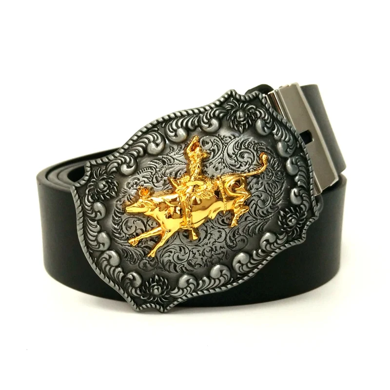 Retro Men's Black PU Leather Belts Vintage Rodeo Western Cowboy Matador Bullfighter Zinc Alloy Belt Buckles For Men Jeans