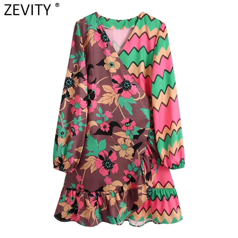 

Женское винтажное кимоно ZEVITY с V-образным вырезом, плиссированное платье с оборками, женское шикарное лоскутное платье с геометрическим при...