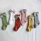 Детские мягкие носки до колена, с цветочным принтом и бантом, для маленьких девочек хлопковый, носки новорожденного малыша, ребенок дети девочка, От 0 до 5 лет