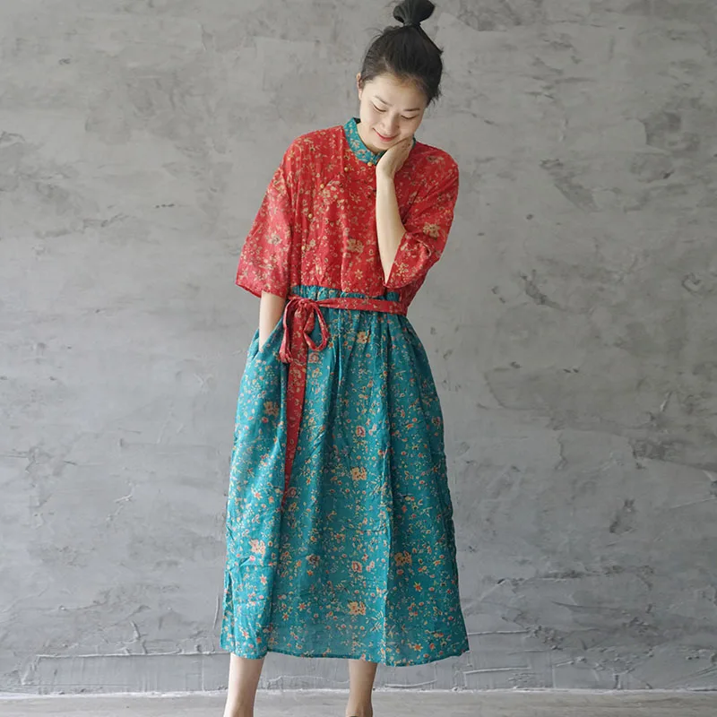 Женское свободное удобное платье Johnature Ретро на шнуровке в китайском стиле с