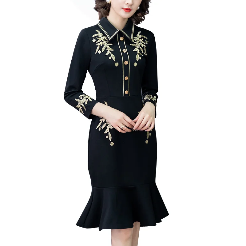 

2021 Black Floral Embroidery Vintage Dress Plus Size Vestidos Spring Autumn Casual Midi Bodycon Long Sleeve Party Classy Dresses