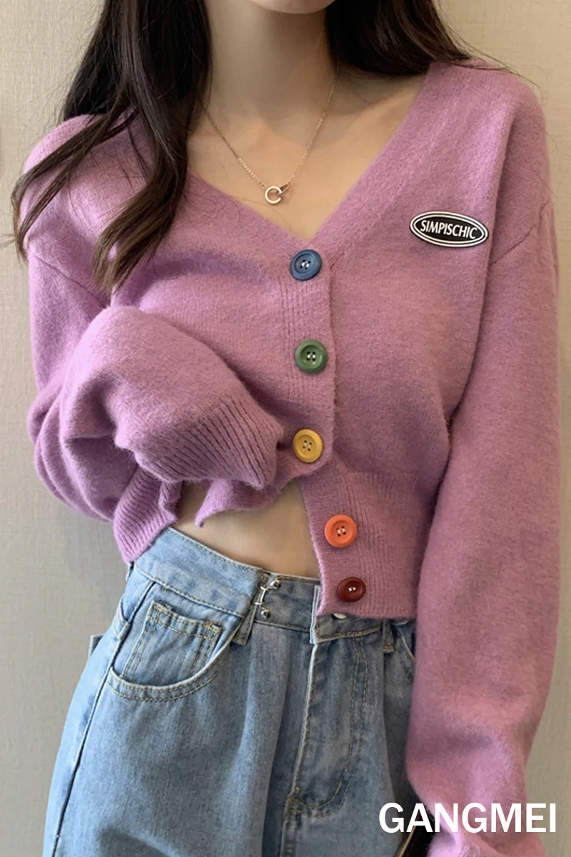 

woman sweaters 2020 autumn korean clothes fashion kawaii casual v-neck purple long sleeve top cardigan women cropped sweater