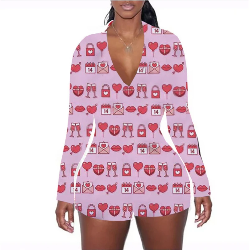 Adogirl 2021 Valentine's Day Print Women Sexy Jumpsuit V Neck Long Sleeve Shorts Romper Sleepwear Playsuits Lovers Gift Onesies