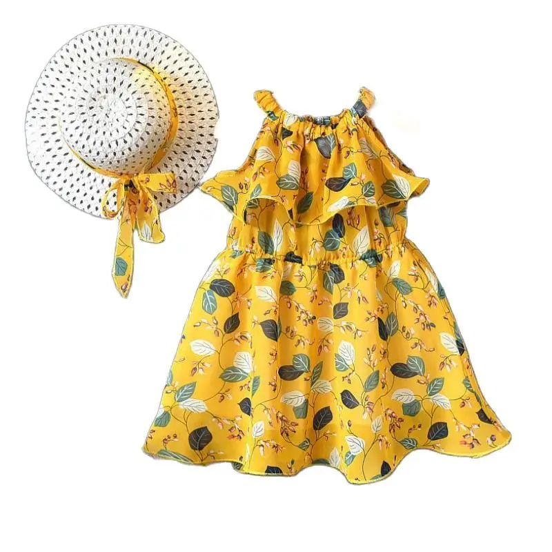 

Girl Princess Dress 2021New Summer Girls Chiffon Dress Floral Sweet Children Party dress clothes Children dress give awayhat