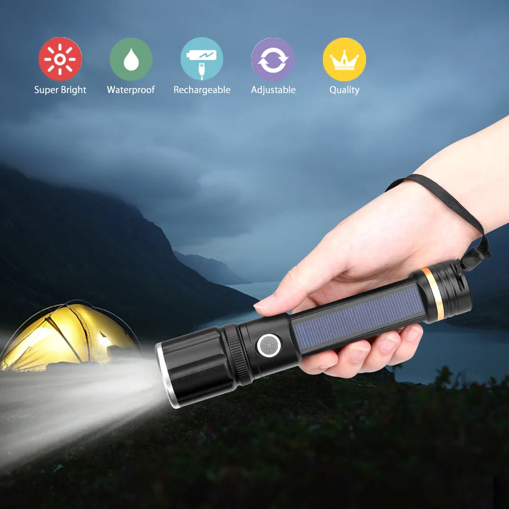 

High Lumens LED Flashlight Powerful Solar Charging Torch USB Rechargeable Hand Light Waterproof Flashlights Use 18650 Battery