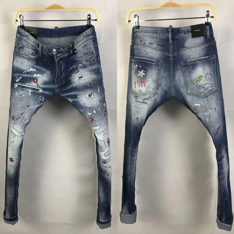 Модные мужские джинсы в американском уличном стиле, синие дизайнерские рваные джинсы в стиле ретро с вышивкой и бисером, мужские джинсы с пр...