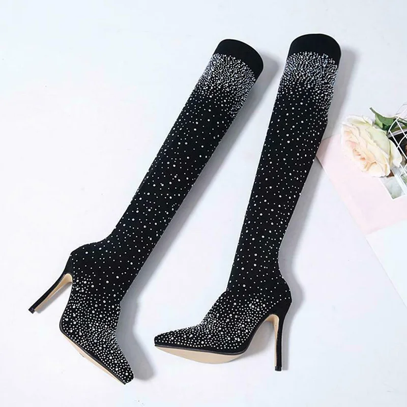 

Hot Women Crystal Stretch Fabric Sock Boots Pointy Toe Over the Knee Thigh High High Heel Long Booties