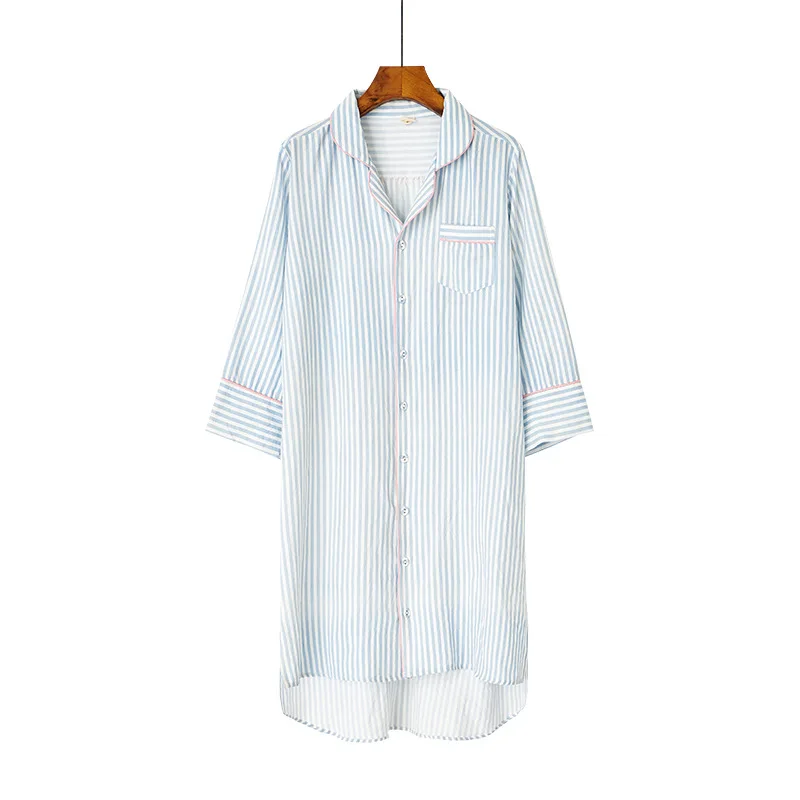 

Summer Short Sleeve Simple Nightdress Women's Cotton Lapel Cardigan Loose Home Clothes Ladies Solid Color Night Dress Nachthemd