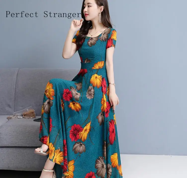 Женское шифоновое платье с круглым вырезом Длинное Элегантное цветочным принтом