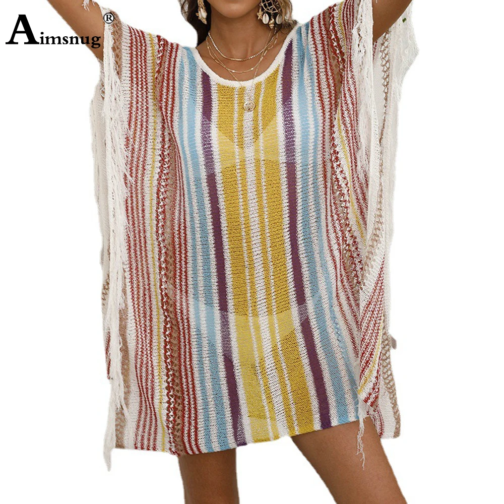 Women Ripped Cover Up 2022 Summer Beach Shirts Loose Short Mini Swimsuits Fashion Stripes Cover-up Dresses Sexy Knitted Swimwear