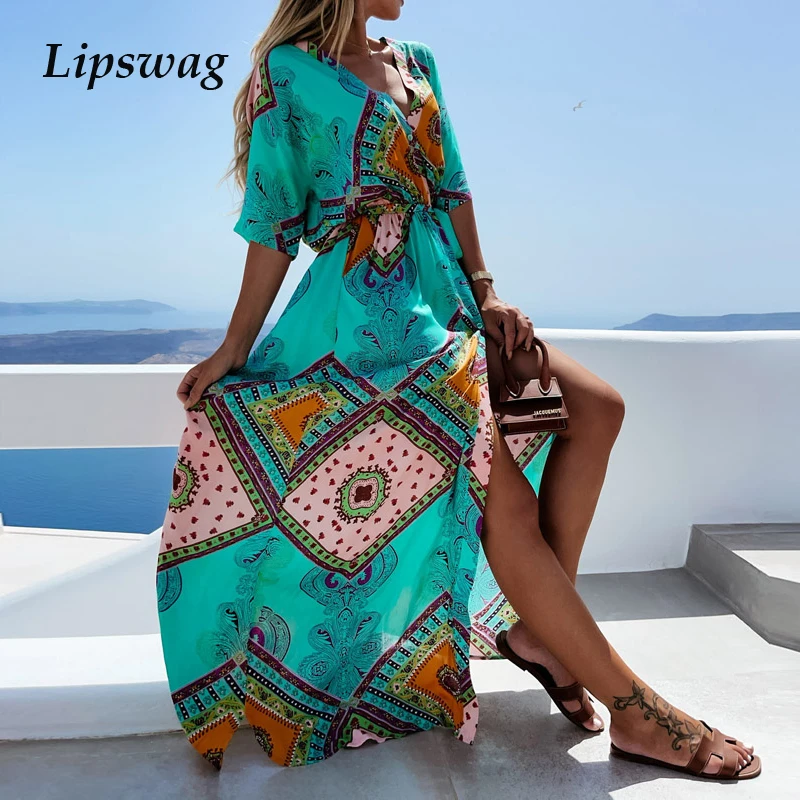 

2021 Summer Elegant Women Long Dress Boho Vintage Print Lace Split Maxi Dress Ladies Fashion Buttoned V-Neck Party Dresses Chic