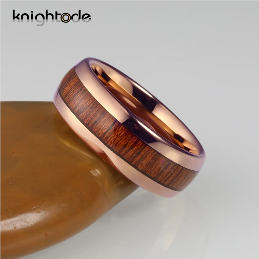 Мужское кольцо из карбида вольфрама розового золота Koa с деревянной инкрустацией