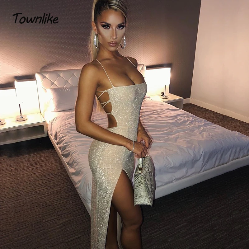 Townlike Backless Bandage Bodycon Sexy Dress Women Spaghetti Strap Midi Summer Strapless High Split Party Dresses 2020 | Женская одежда