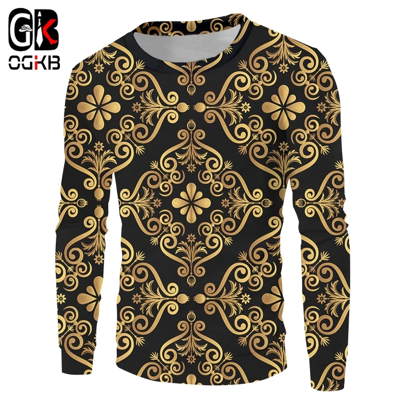 

OGKB Baroque Court Style Sweatshirts 3d Printed Crown Golden Flower Luxury Long Sleeves Men Women Plus Size Pullover Sportshirts