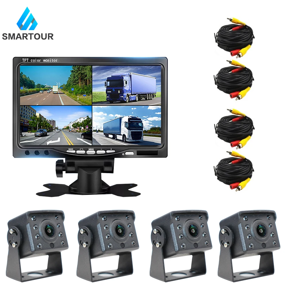 with 4 camera Smartour Автомобиль ИК светодиодный Резервное копирование Камера 4-контактный разъем+ " ЖК-дисплей Цвет TFT автомобильный монитор заднего вида и аксессуары для автобуса грузовика RV - Название цвета: with 4 camera