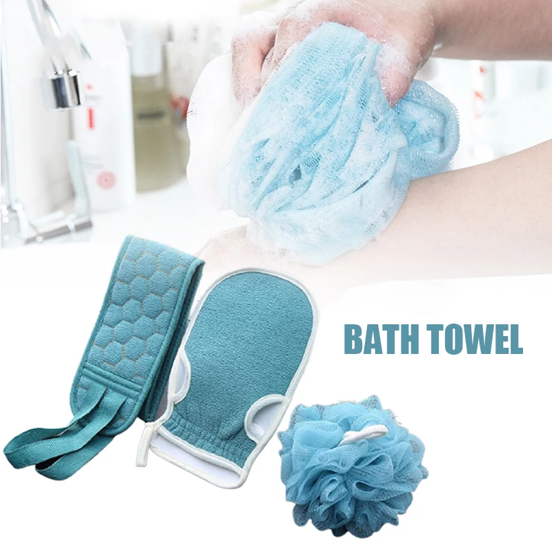 

3PCS Bathing Set Glove Bath Towel & Long Back Scrubbing Towel & Bath Ball Exfoliating Remove Dead Skin Shower Supplies VJ-Drop