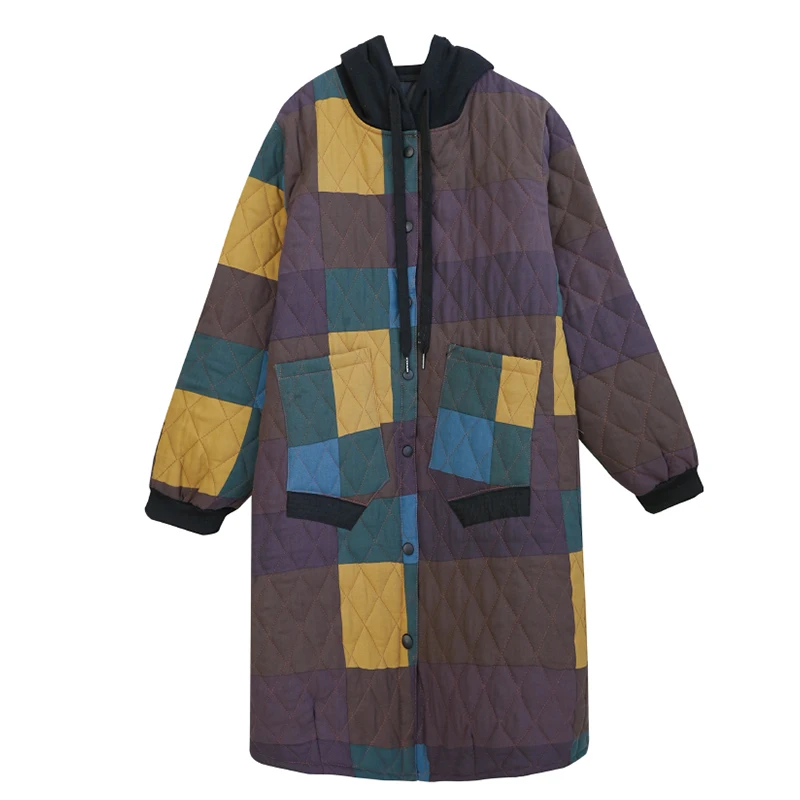 

Autumn Winter Plaid Hooded Parkas Women Retro Style Long Sleeve Pocket Patchwork Cotton-padded Jacket Ladies Coats and Jackets