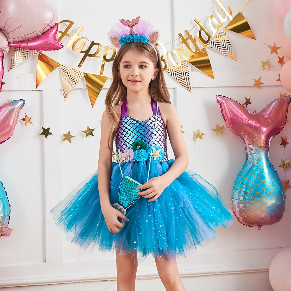

Girl Mermaid Sequins Tutu Dress with Headband and Bag Birthday Party Fancy Dress up Kids Ball Gown robe Dresses Prom Vestidos