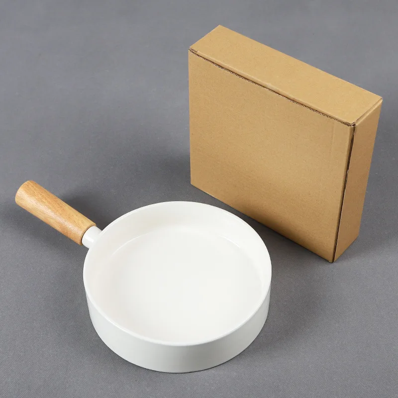 

Wooden handle creative Japanese ceramic pet bowl dog bowl non-slip white porcelain bamboo wooden handle drinking bowl