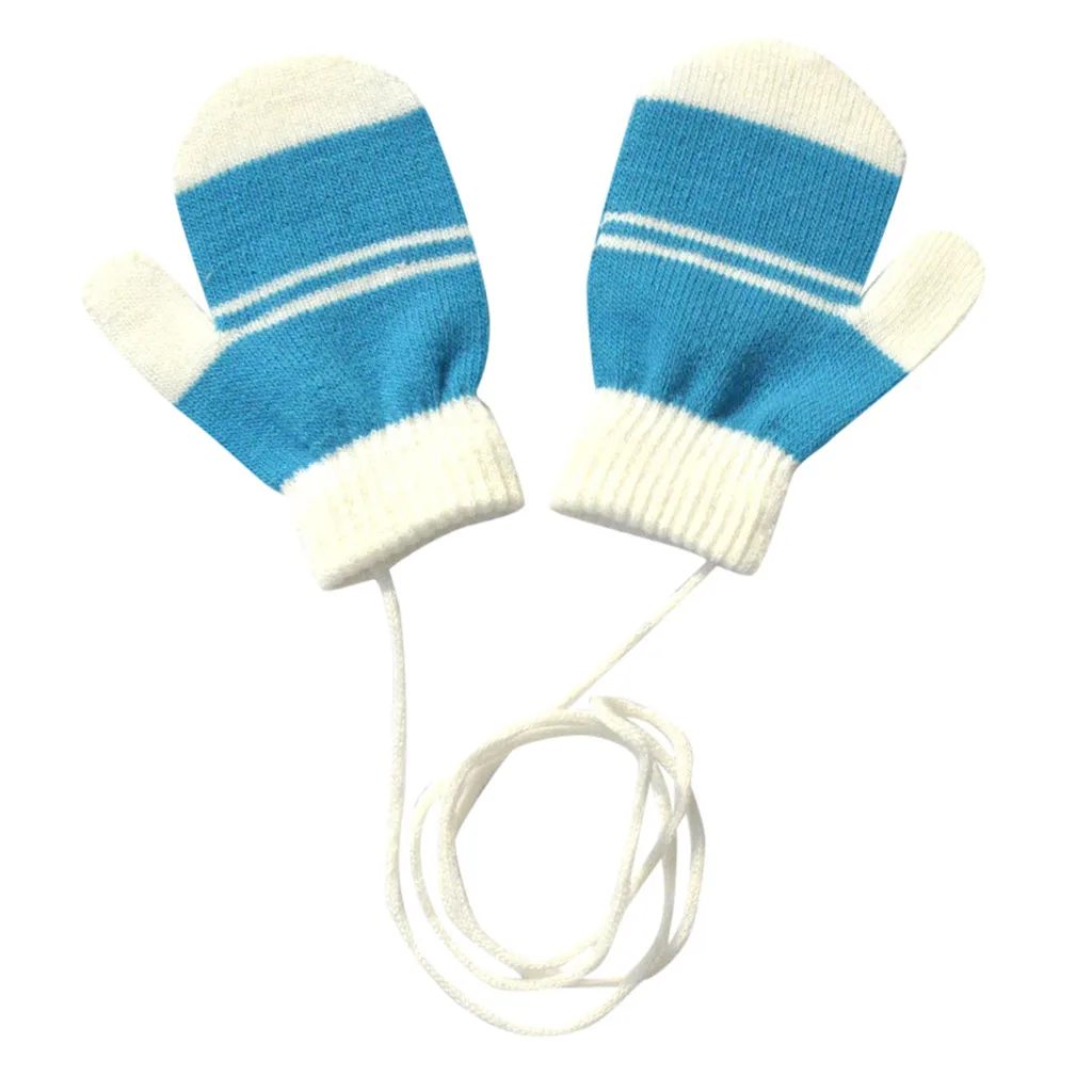 Зимние теплые Разноцветные полосатые вязаные милые перчатки с веревочками для
