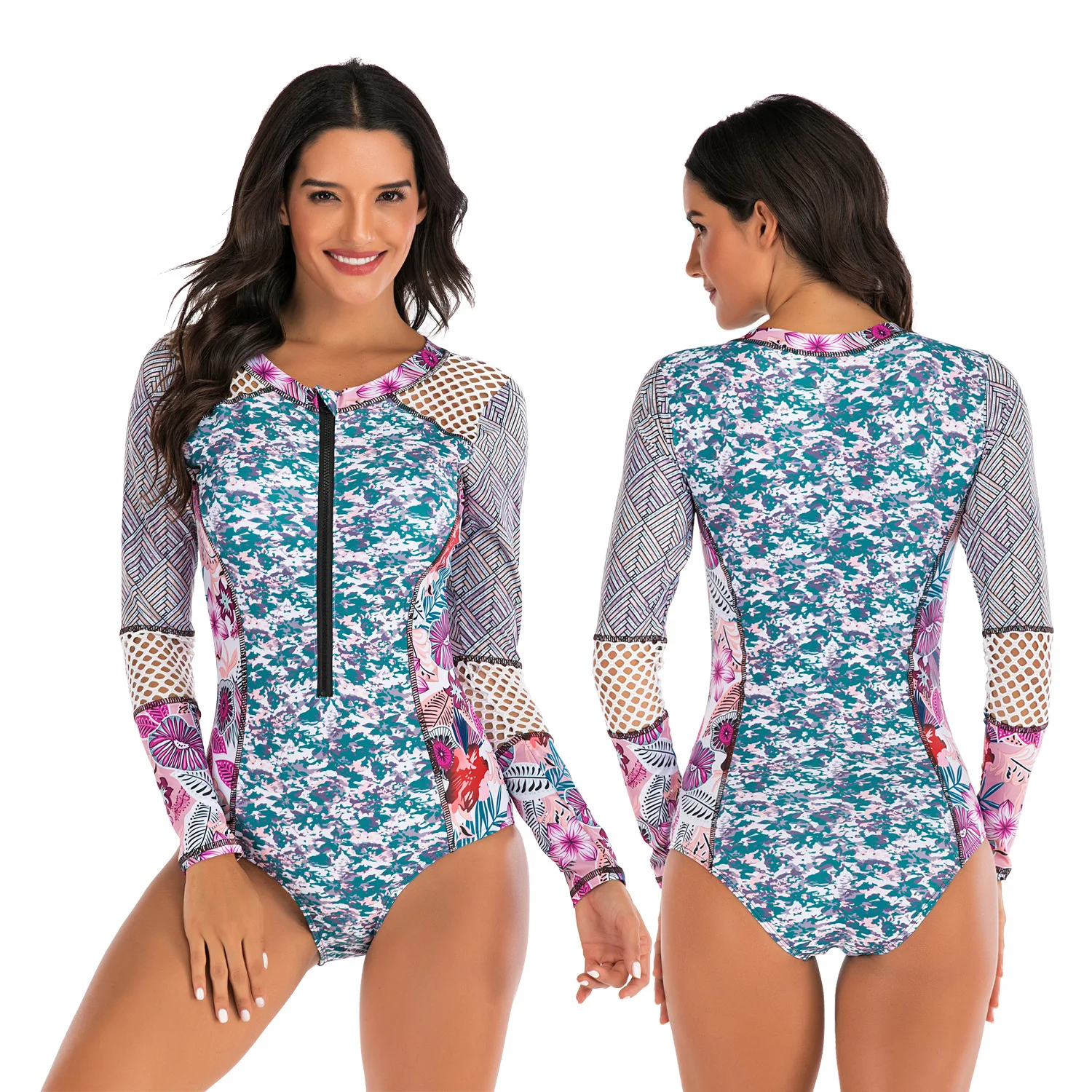 

Women Fashion Long Sleeve Floral Patchwork One Piece Swim Bathing Suit Ladies Summer Surf Suit Wetsuit Swimwear