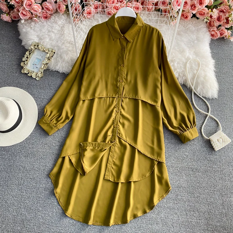 

Женское однобортное платье-рубашка, свободное платье мини с отложным воротником, весна 2021