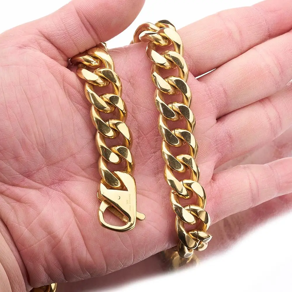 

Hot Men's Gold Plated Stainless Steel Curb Cuban Link Chain Necklace Jewelry Gift 15mm 7-40inch