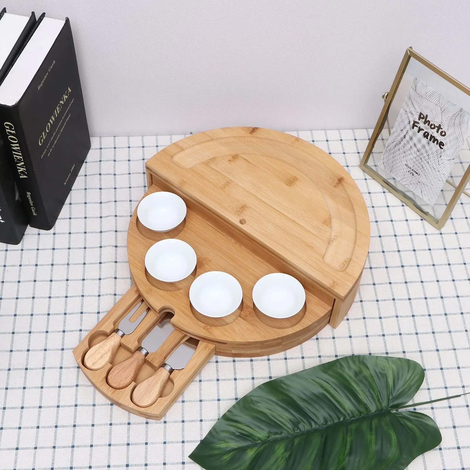 

Bamboo Cheese Board with Slide Out Drawer Cooking Tools Household Serving Tray Cutting Board with Hidden Slid-Out Drawer
